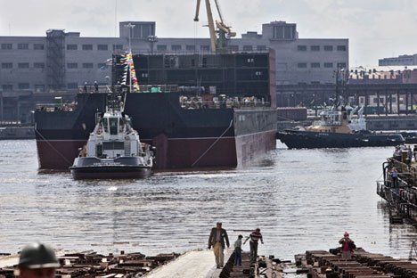 Launching of floating nuclear power plant unit at the Baltic Shipyard, 2010. Source: Alexei Danichev / RIA Novosti - http://rbth.co.uk/defence/2015/08/17/the_baltic_shipyard_heart_of_russias_shipbuilding_industry_48565.html)