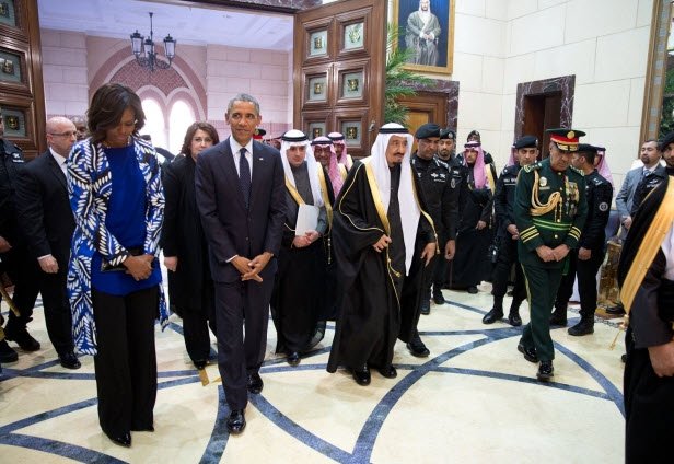 King Salman the President and First Lady to a reception room at Erga Palace during a state visit to Saudi Arabia on Jan. 27, 2015. (Official White House Photo by Pete Souza)