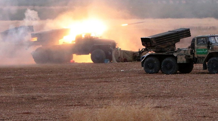 Multiple rocket launchers Grad fire at positions of ISIS militants near the border between Homs and Hama Governorates, Syria. © Michael Alaeddin / RIA Novosti
