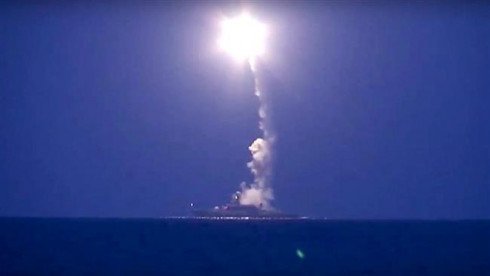 Russian navy ship launches a cruise missile in the Caspian Sea on Wednesday. (Russian Defense Ministry Press Service)