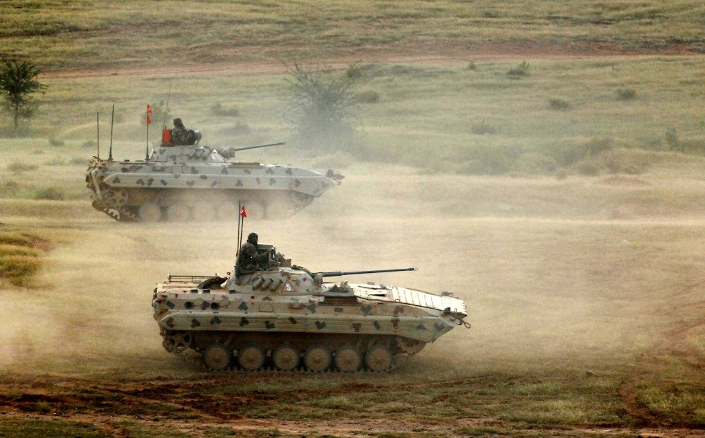 Indian Army's upgraded BMP-2 Sarath mechanised infantry combat vehicles.