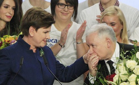 Conservative Law and Justice leader Jaroslaw Kaczynski  kisses hand Justice candidate for the Prime Minister Beata Szydlo, left, at the party's headquarters in Warsaw, Poland, on Sunday, Oct.25, 2015. The victory of his Eurosceptic party ends eight years in power of pro-EU, pro-business Civic Platform which voters accuse of being conformist, detached and focused on power rather than on improving the living in Poland.(AP Photo/Czarek Sokolowski)
