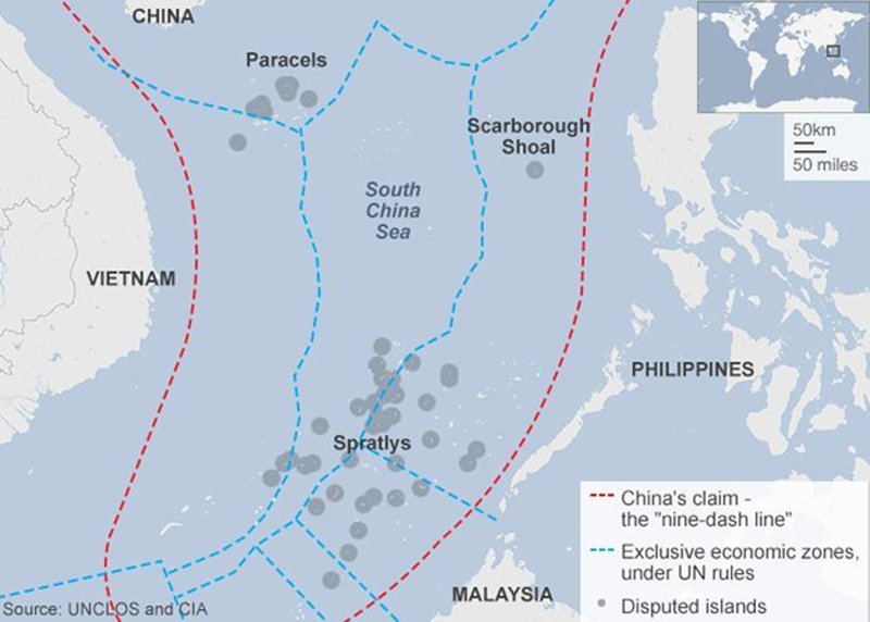 Map of EEZs and International waters in the South China Sea.