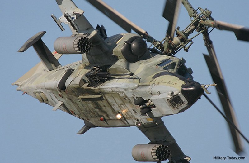 Ka-50 Black Shark. This photo illustrates clearly the position of the semi-directional 30mm cannon, retracted landing gear and boxy, armored cockpit