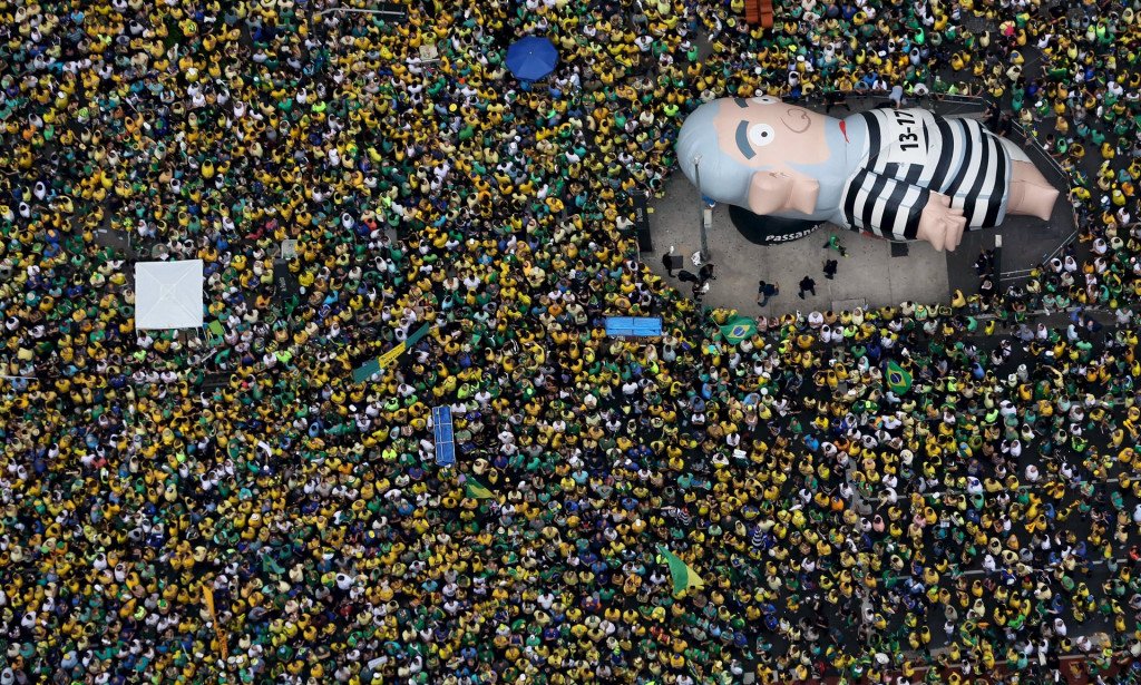 An inflatable doll known as “Pixuleco” of Brazil’s former President Luiz Inacio Lula da Silva is seen during a protest against Rousseff, part of nationwide protests calling for her impeachment. Photograph: Paulo Whitaker/Reuters