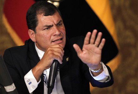 Ecuador's President Rafael Correa speaks during a meeting with the foreign press corps at government palace in Quito, Ecuador, Wednesday, Feb. 20, 2013. (AP Photo/Dolores Ochoa)