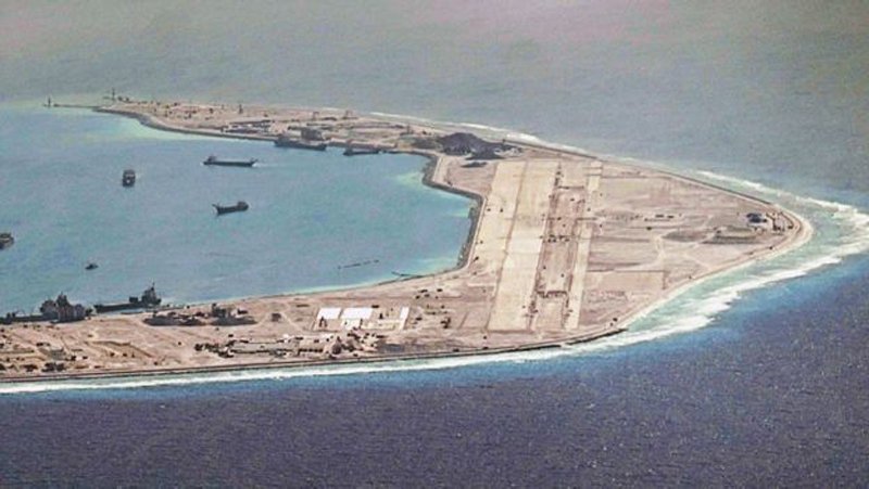 Detail of land reclamation and airstrip construction on Mischief Reef