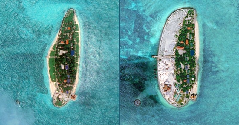 Sand Cay land reclamation and construction from 2011 to 2015
