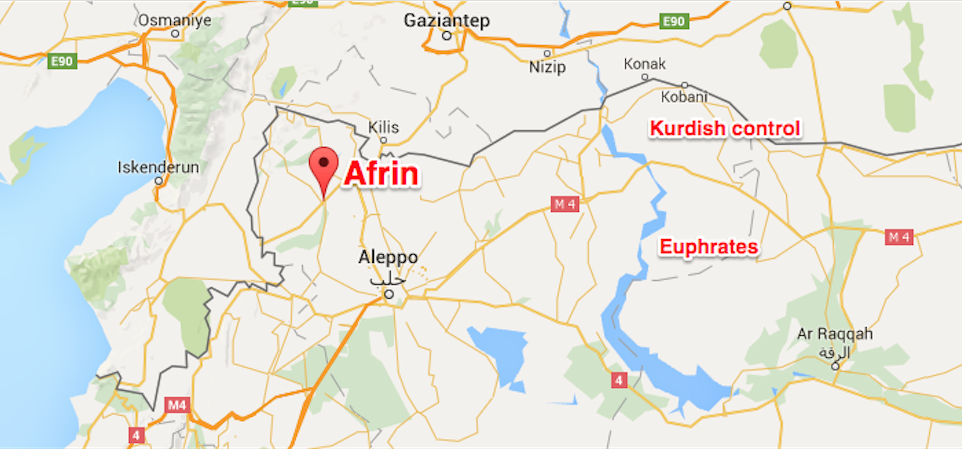 Aleppo-Afrin road as shown on Google Maps