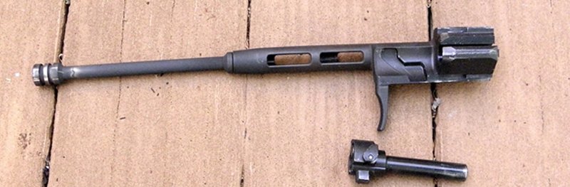 Rotating bolt and bolt carrier with integrated long stroke gas piston of the AK.