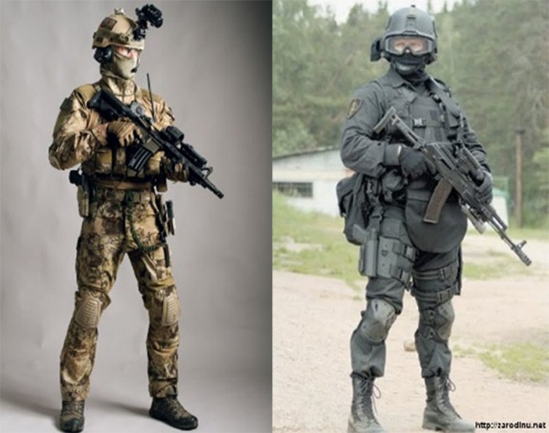 Side-by-side comparison of the weapons and combat gear of a Russian and U.S. special operations soldier. Note the similar accessories, mounting rails, and optics on their primary weapons, as well as the alloy and polymer “furniture” of each.