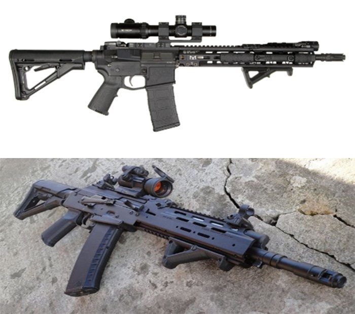 Modern AR (top) and AK (bottom) firearms have become increasingly similar. Firearms accessories manufacturers now make similar components for both platforms.