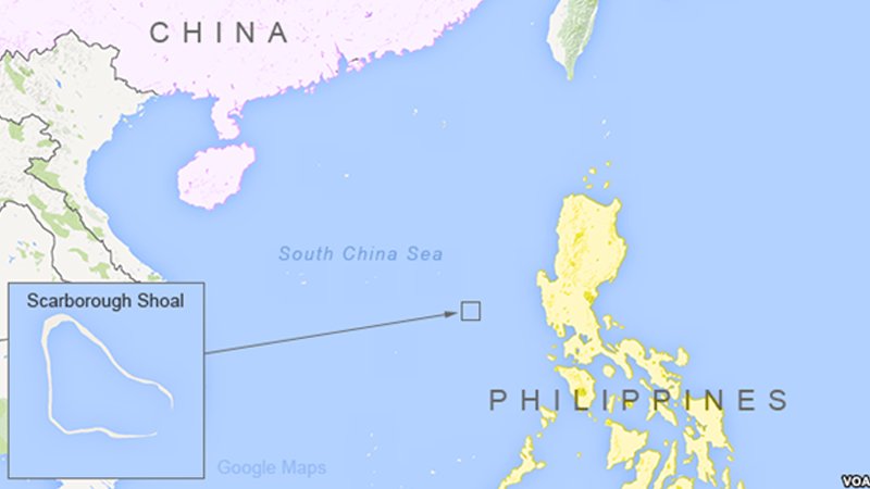 The location of Scarborough Shoal in relation to China and the Philippines.