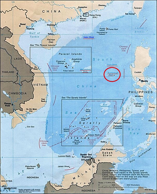 The location of Scarborough Shoal in relation to the Paracel and Spratly Islands.