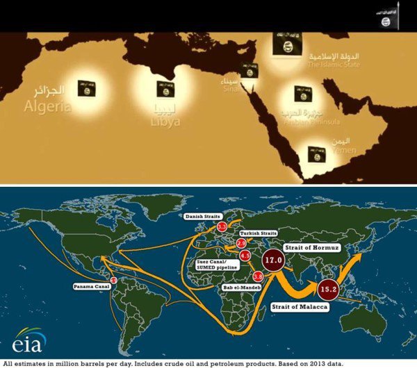The maps depict a) areas that ISIS claims to seize, b) major hubs and routes for the global oil trade. (Image: Screenshot and EIA)