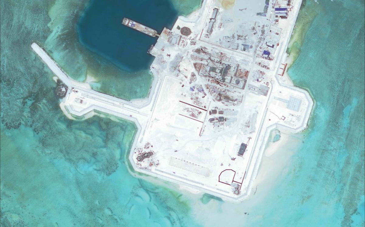 Cuarteron Reef in March 2016. Photo: Asia Maritime Transparency Initiative and Digital Globe