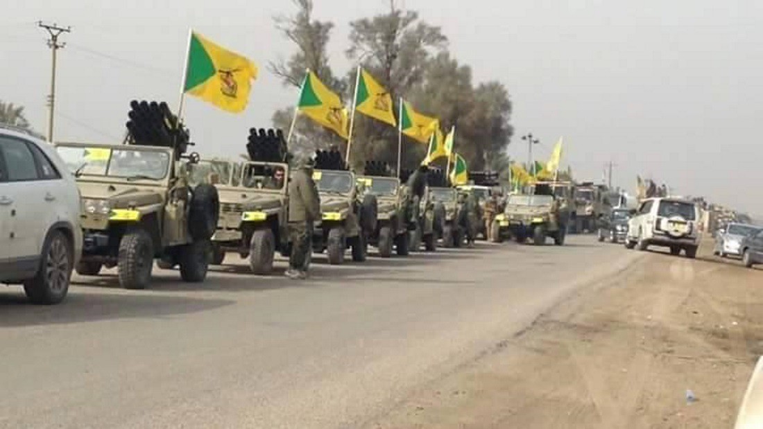 A column of Safir jeeps with Kata'ib Hezbollah flags in Iraq
