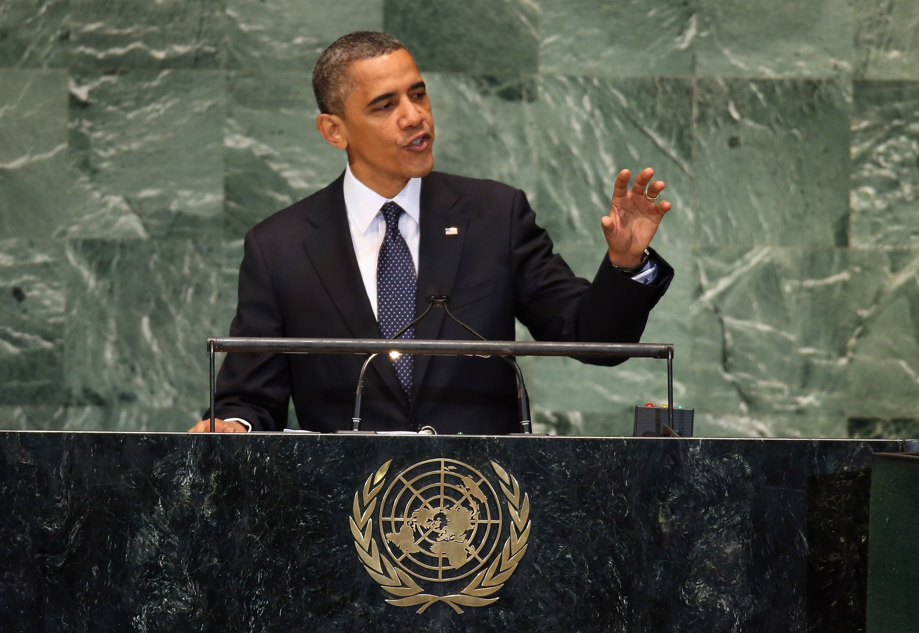 NEW YORK, NY - SEPTEMBER 25:  U.S. President Barack Obama addresses the UN General Assembly meeting on September 25, 2012 in New York City. The annual event gathers more than 100 heads of state and government for high level meetings on nuclear safety, regional conflicts, health and nutrition and environment issues.  (Photo by John Moore/Getty Images)