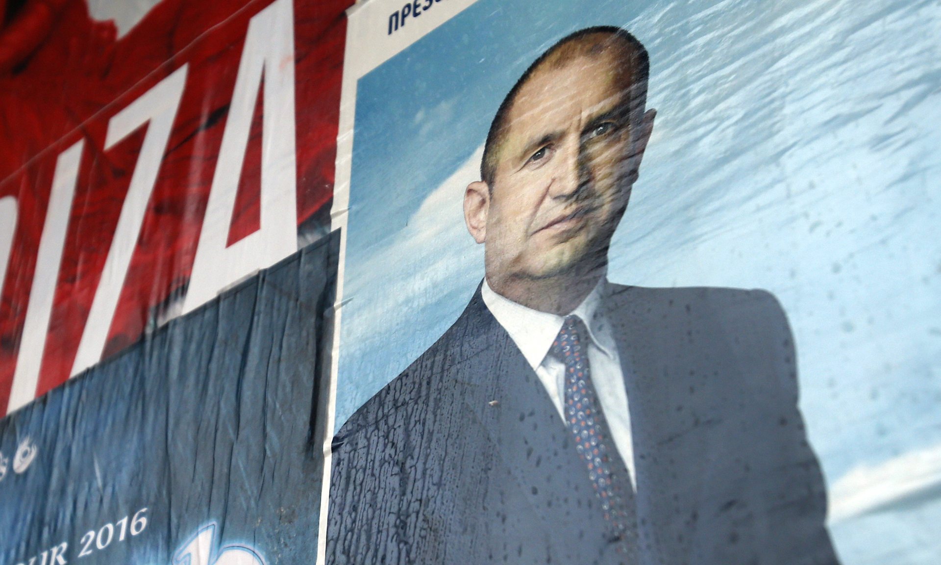 An election poster in Sofia for Bulgarian pro-Moscow candidate Rumen Radev, a former air force commander. Photograph: Darko Vojinovic/AP
