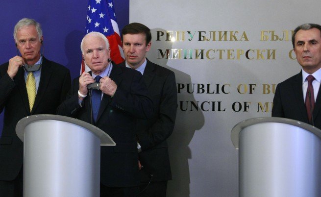 Prime Minister Plamen Oresharski announced the suspension of the ‘South Stream’ at a briefing in the Council of Ministers after the meeting with US Senators John McCain, Christopher Murphy and Ron Johnson. Sofia, June 8, 2014