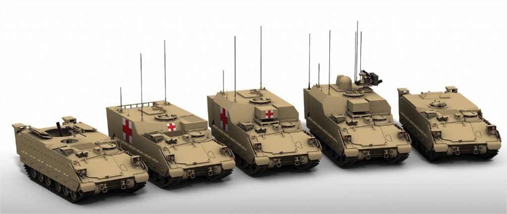 AMPV series of vehicles from left to right: Mortar Carrier, Ambulance, Mobile Clinic, Command, and General Purpose.