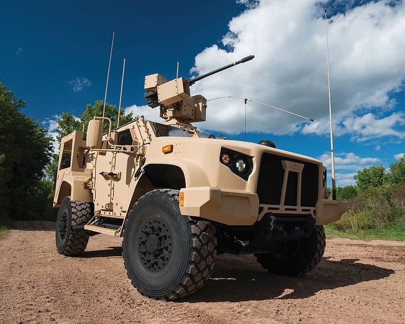 Oshkosh Defense JTLV equipped with a 30mm M230 autocannon in a remotely controlled housing. A combination of armored protection, high mobility and firepower are at the core of the vehicles design.
