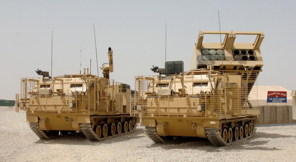 M270B1 MLRS and support vehicle. This is the British Army version with improved armor protection.