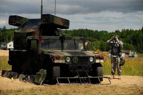 The Avenger short range air defense missile system mounted on a HMMWV.