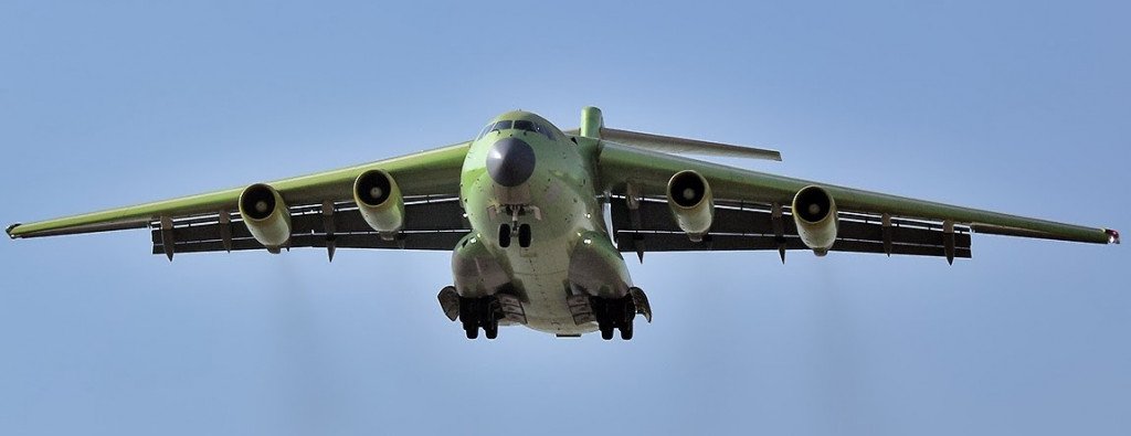 Y-20 descending to land. The large rear undercarriage and four Russian made D-30 turbofan engines are clearly visible from this angle.