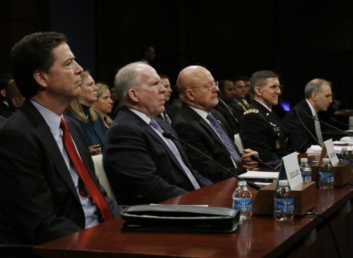 U.S. FBI Director James Comey, CIA Director John Brennan, Director of U.S. National Intelligence James Clapper, DIA director U.S. Army Lt. General Michael Flynn, and National Counterterrorism Center Director Matthew Olsen testifying before Congress on February 4, 2014. Only General Flynn was removed from his position for having the integrity to tell the truth.
