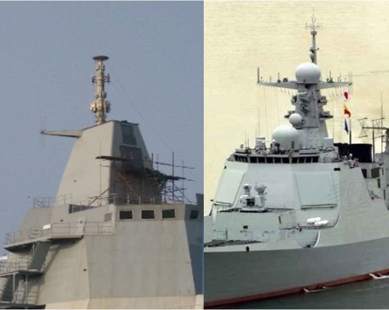 A comparison of the integrated mast structures of the Type 055 mock-up and the active Type 052D Kunming. Note the location of the forward two active phased array radar panels on the Kunming. The large sloped superstructure facing, just under the starboard side bridge deck portals on the Type 55, will be fitted with a similar APAR panel.
