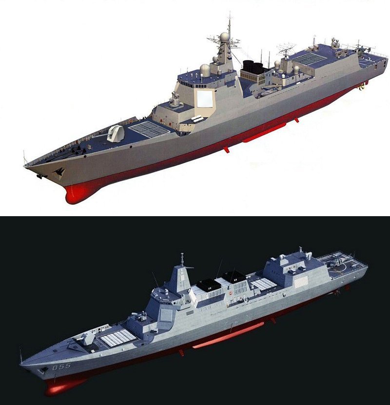 The above illustrations clearly show the similarities and differences in the Type 052D (top) and Type 055 (bottom) guided missile destroyers. 