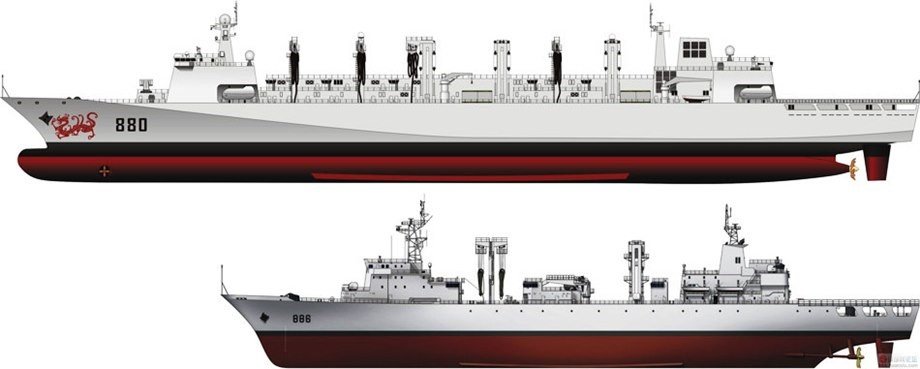 Type 903 fleet replenishment oiler (bottom) and Type 904 dry cargo/general stores support vessels.