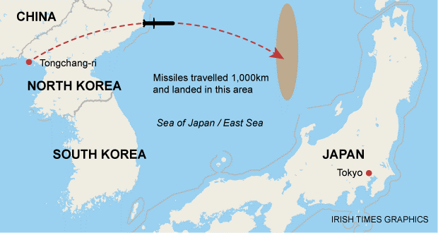 Map showing the range and approximate area of impact of the four successfully launched ballistic missiles. One missile failed upon lift-off, while four others landed within Japan’s Exclusive Economic Zone (EEZ).
