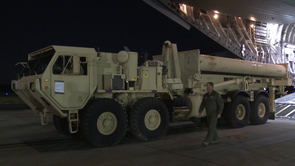 THAAD launch vehicle being discharged from a C-17 Globemaster at Osan Airbase in South Korea on March 6th.