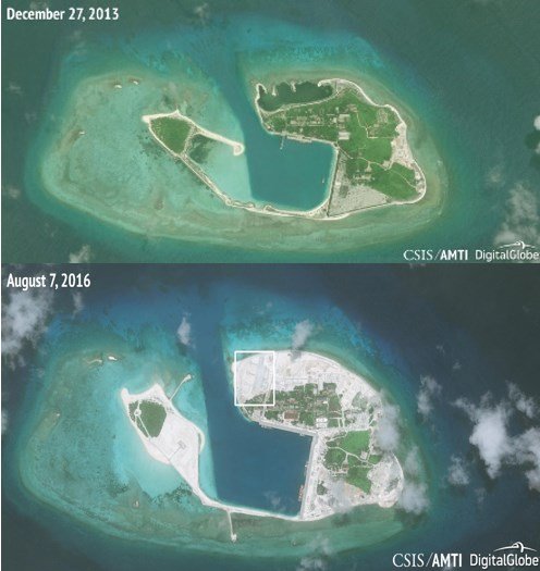 The dramatic changes to Duncan and Palm Islands over a three year period. The dredged, shelter harbor and berthing space for large vessels are well on their way to completion and the helicopter base is clearly visible on the north side of the island.