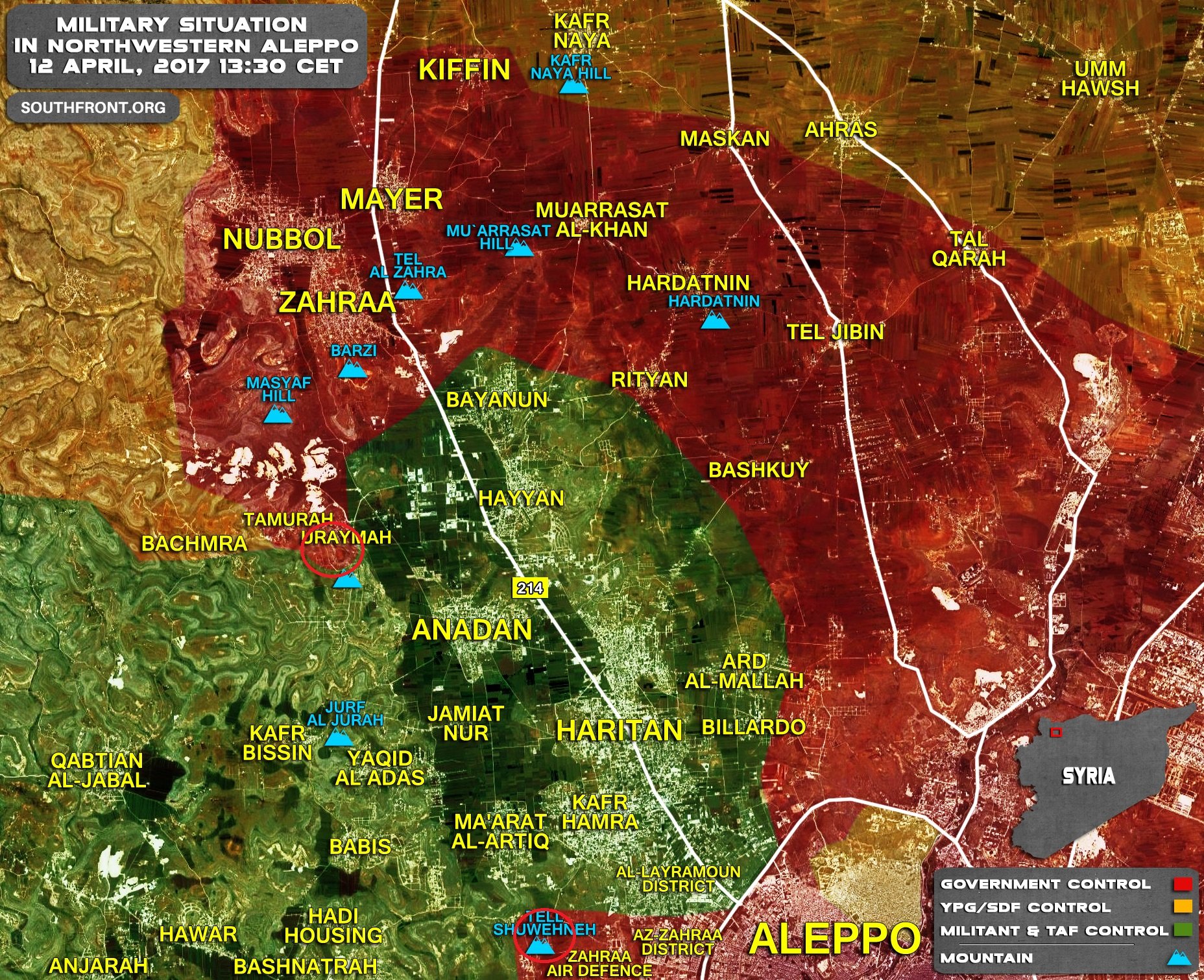 Click to see the full-size map. Red circles show the area that is de-facto contested